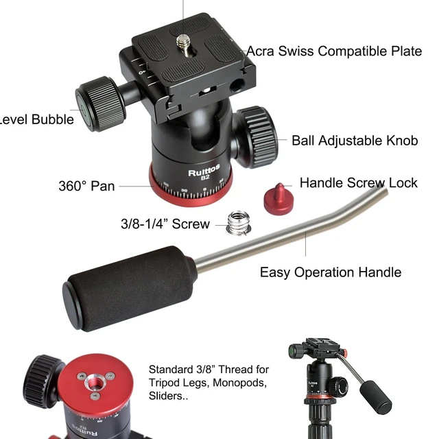 Alt view image 4 of 5 - Ruittos Tripod Ball Head with Handle and Quick Release Plate