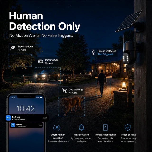 Alt view image 4 of 5 - woomo 4G LTE Solar Security Camera, No WiFi or Power Needed, AOV 24/7 Continuous Recording, 2K Color Night Vision, Person Detection, Pan Tilt, Two-Way Talk for Farm, Jobsite, Cabin, Remote Property