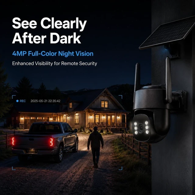 Alt view image 5 of 5 - woomo 4G LTE Solar Security Camera, No WiFi or Power Needed, AOV 24/7 Continuous Recording, 2K Color Night Vision, Person Detection, Pan Tilt, Two-Way Talk for Farm, Jobsite, Cabin, Remote Property