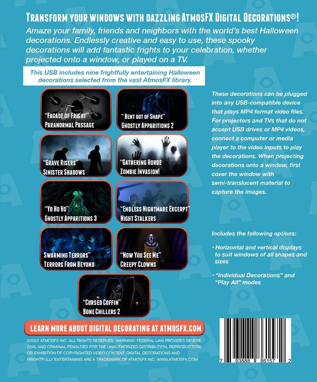 Alt view image 3 of 5 - AtmosFX Spooky Halloween Digital Decoration on USB Includes 9 Atmosfx Video Effects for Hallloween