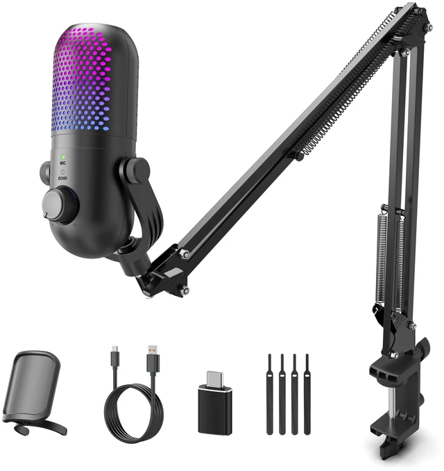 Main image of USB Microphone for PC Gaming: Gaming Equipment Condenser Microphone RGB for Gamer with Boom Arm Mic - Recording Mic for Computer & Laptop with Mute - Desk Podcast Mic for Podcast & Streaming & Youtube