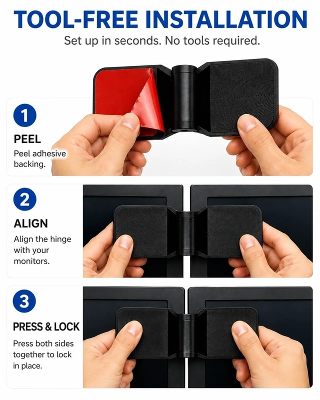 Alt view image 3 of 5 - Multi Screen Alignment Tool Hinge 4 Pack with Adhesive Pads, Monitor Connector Hinges, Adjustable Angle Display Alignment Kit, Low Profile for Triple Monitor Setup Sim Racing Office (Black)