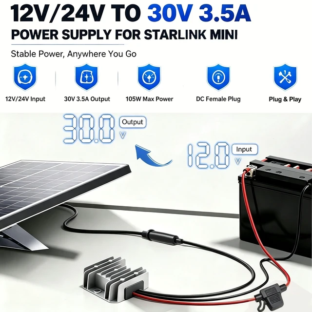 Alt view image 2 of 5 - Starlink Mini 12V Adapter, Starlink Mini Power Supply 12V/24V to 30V 3.5A, Waterproof DC Step Up Converter with Female Plug 9-28V Input for RV/Off-Grid/Marine Truck, Starlink Mini Accessories