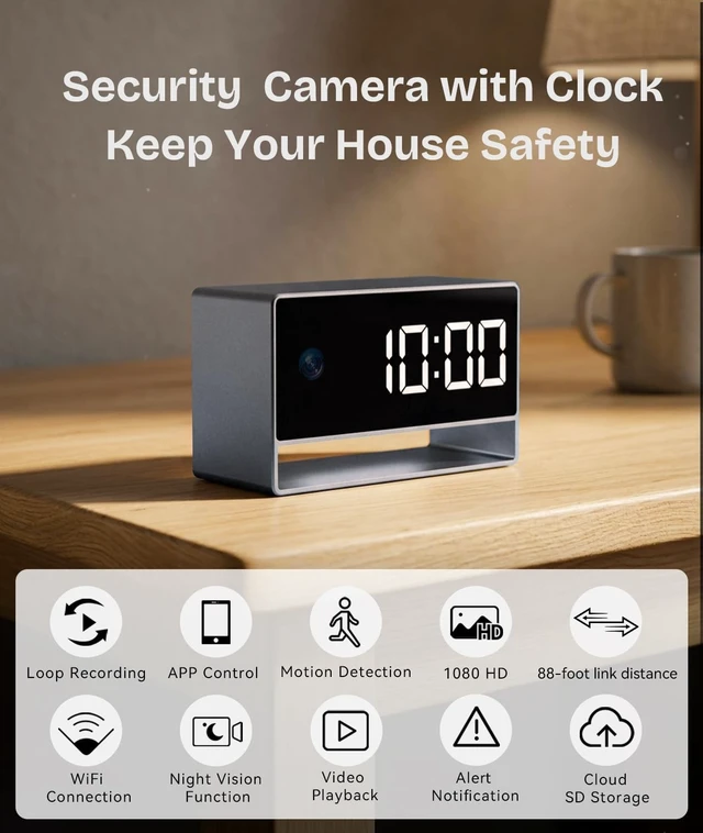Alt view image 2 of 5 - 1080p HD WiFi Wireless Indoor Security Cam with Night Vision, Indoor Camera with Clock with App Control, Nanny Cam with AI Motion Detection, Loop Recording, Local & Cloud Storage for Home, Easy