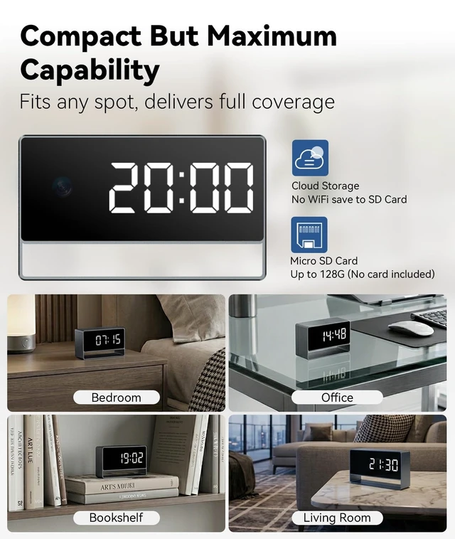 Alt view image 5 of 5 - 1080p HD WiFi Wireless Indoor Security Cam with Night Vision, Indoor Camera with Clock with App Control, Nanny Cam with AI Motion Detection, Loop Recording, Local & Cloud Storage for Home, Easy