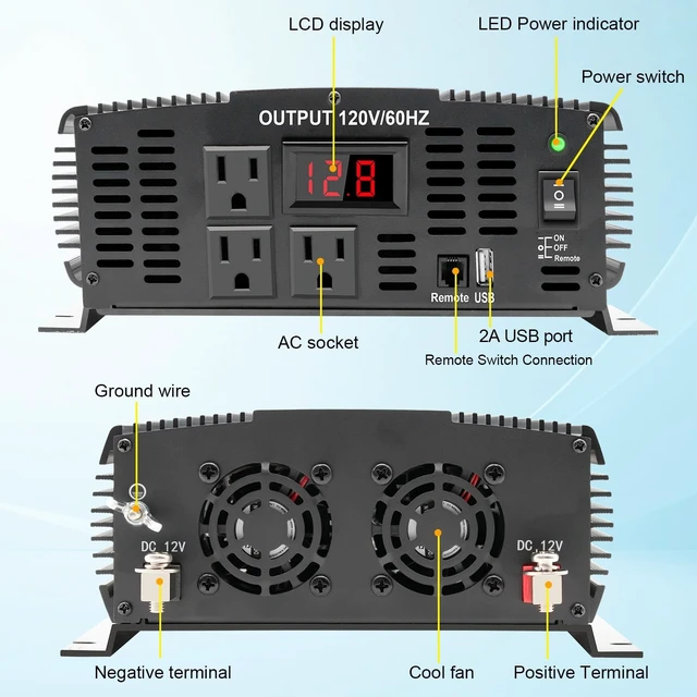 Alt view image 2 of 5 - 3000 Watt car Power Inverter 12V to 110V /120V for RV semi Trucks Vehicles Power Converter with with 1 USB Ports and 3 AC Outlet- 3000W Inverter