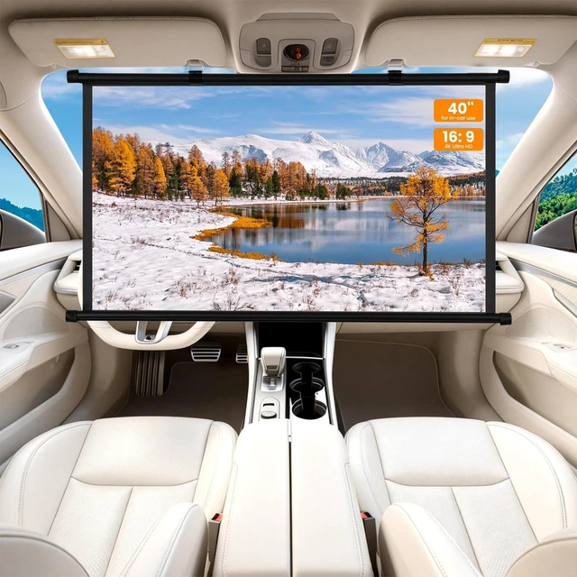 Main image of 40 Inch Small Projector Screen, Upgrade Portable Pull Down & Roll Up Projector Screen for Car, SUV, RV, MPV, 16:9 HD 4K Mini Drop Down/Roll Down Movie Screen for Bedroom, Vans, Tent, Manual Rolling