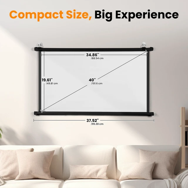 Alt view image 2 of 5 - 40 Inch Small Projector Screen, Upgrade Portable Pull Down & Roll Up Projector Screen for Car, SUV, RV, MPV, 16:9 HD 4K Mini Drop Down/Roll Down Movie Screen for Bedroom, Vans, Tent, Manual Rolling