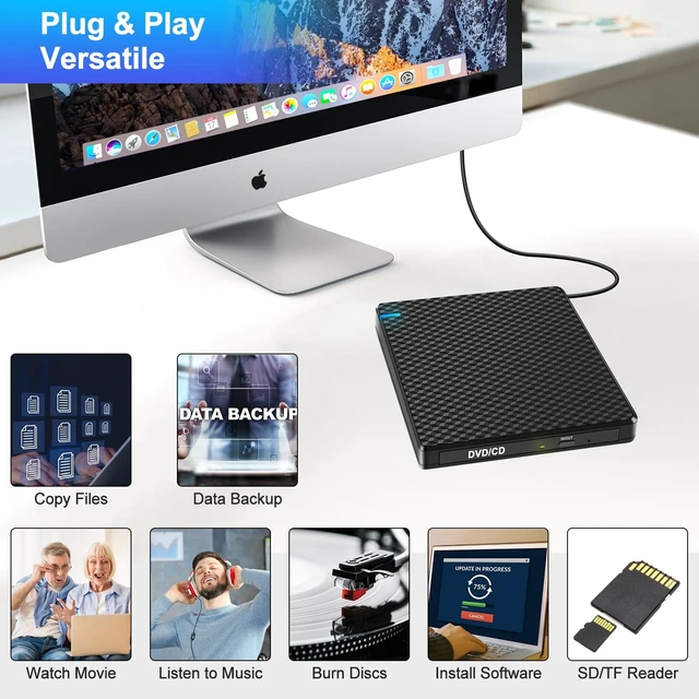 Alt view image 3 of 5 - Guamar External CD/DVD Drive for Laptop: USB C CD Burner Portable DVD Player Reader for Mac MacBook PC Windows 11 with SD/TF Slot/2 USB Ports Plug & Play (Black)