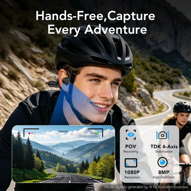 Alt view image 5 of 5 - BEARTAIN E12 Bone Conduction Headphones with Camera, Hand-Free POV Camera Headphones, AI Functions, IP54 Waterproof, Bluetooth Open-Ear Wireless Sports Headset for Running Cycling with APP