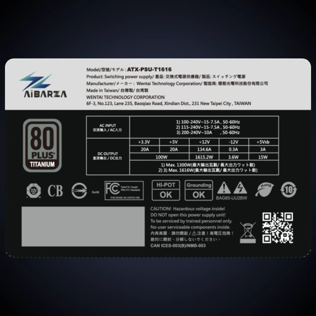 Alt view image 4 of 5 - AiBARZA Aidan-T1616 1616W ATX Titanium PSU, Fully Modular, 80 Plus & Cybenetics Titanium Certified, AI-TRE Smart Power Regulation, Native 12VHPWR x4, AI Turbo Mode +12% Output, for AI Workstation