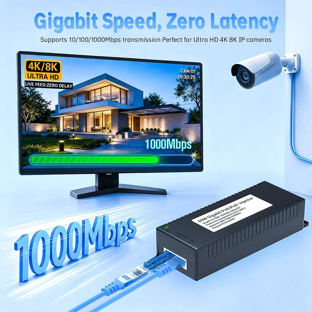 Alt view image 2 of 5 - 60W Gigabit PoE++ Injector, 48V PoE Power Supply Adapter, IEEE802.3af/at/bt