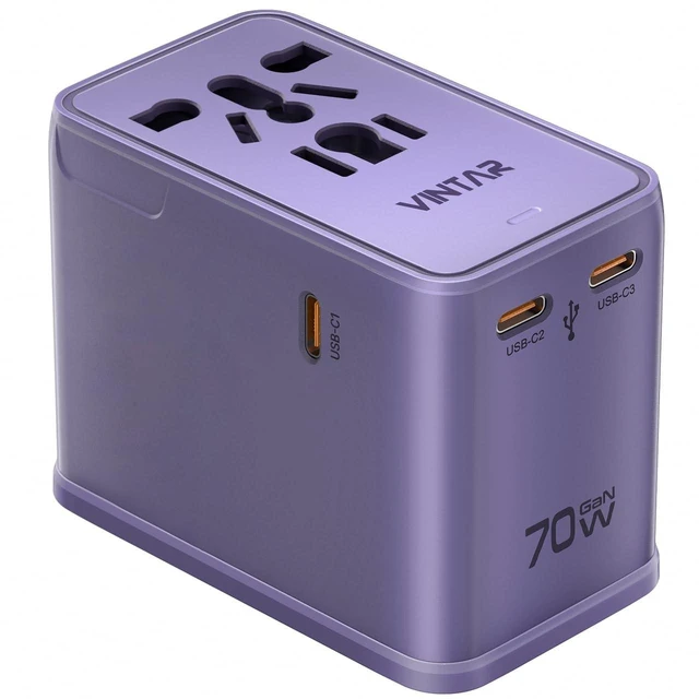 Main image of VINTAR Universal Travel Adapter 70W GaN, 5-in-1 with 3USB-C PD & 1USB-A QC