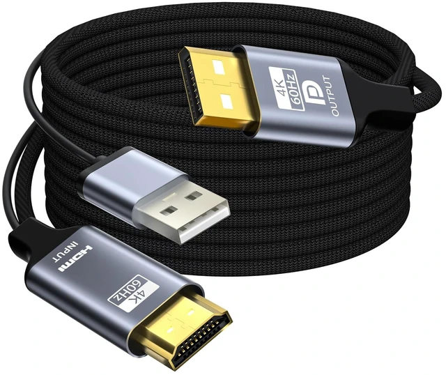 Main image of HDMI to DisplayPort Adapter,10 feet Active 4K@60Hz HDMI to DP Braided Cable, Uni-Directional HDMI to DP with USB Power for PS5, Xbox Series X/S, Switch, PC, Laptop to DP Monitor, NVIDIA AMD
