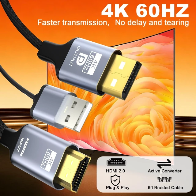 Alt view image 3 of 5 - HDMI to DisplayPort Adapter,10 feet Active 4K@60Hz HDMI to DP Braided Cable, Uni-Directional HDMI to DP with USB Power for PS5, Xbox Series X/S, Switch, PC, Laptop to DP Monitor, NVIDIA AMD