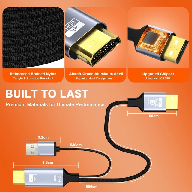 Alt view image 5 of 5 - HDMI to DisplayPort Adapter,10 feet Active 4K@60Hz HDMI to DP Braided Cable, Uni-Directional HDMI to DP with USB Power for PS5, Xbox Series X/S, Switch, PC, Laptop to DP Monitor, NVIDIA AMD