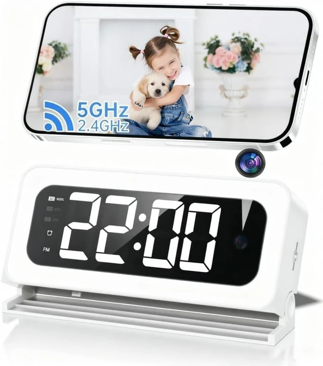 Main image of HEDNIC 2K Alarm Clock Camera, 5G & 2.4G WiFi Indoor Nanny Cam for Home Security, Full Color Night Vision, AI Human Motion Detection, Local SD Storage