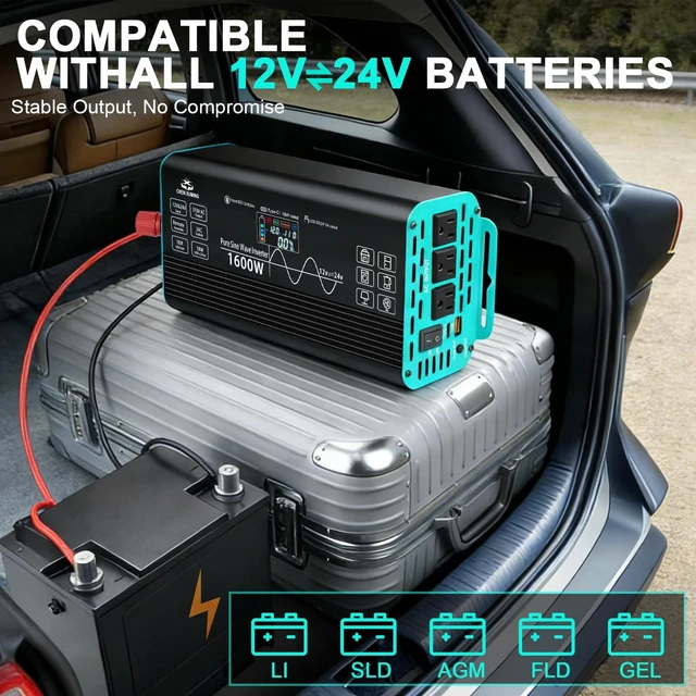 Alt view image 2 of 5 - 1600W Pure Sine Wave Inverter 12V/24V Auto-Detect LCD for RV,Truck,Off-Grid