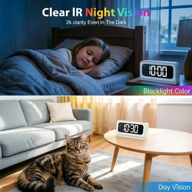 Alt view image 5 of 5 - HEDNIC 2K Alarm Clock Camera, 5G & 2.4G WiFi Indoor Nanny Cam for Home Security, Full Color Night Vision, AI Human Motion Detection, Local SD Storage