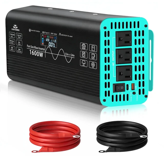 Main image of 1600W Pure Sine Wave Inverter 12V/24V Auto-Detect LCD for RV,Truck,Off-Grid