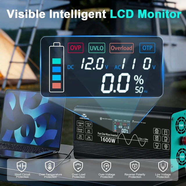 Alt view image 4 of 5 - 1600W Pure Sine Wave Inverter 12V/24V Auto-Detect LCD for RV,Truck,Off-Grid
