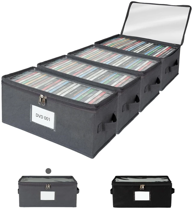 Main image of ComfortKeeper 4 Pack Fabric DVD Storage Box with Clear PVC Lid, Holds 25 Standard DVD Cases, Sturdy Non-Woven Fabric with Cardboard Support for Movie Collection, Gray