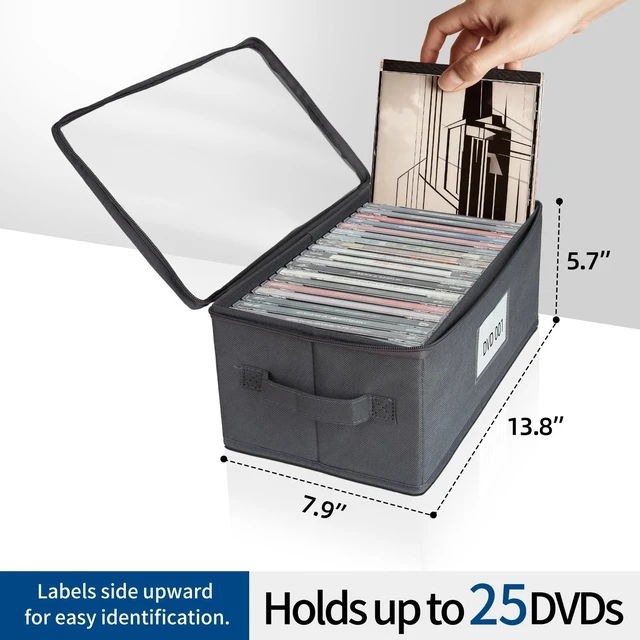 Alt view image 4 of 5 - ComfortKeeper 4 Pack Fabric DVD Storage Box with Clear PVC Lid, Holds 25 Standard DVD Cases, Sturdy Non-Woven Fabric with Cardboard Support for Movie Collection, Gray