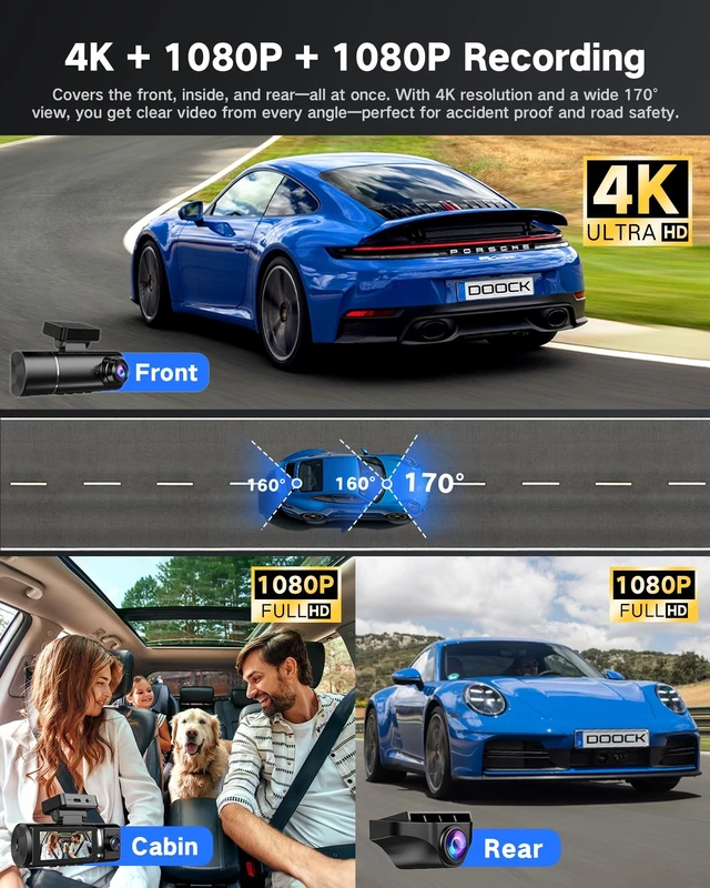 Alt view image 3 of 5 - 4K Dash Cam Front and Rear Inside with 64GB Card, 3 Channel Dash Camera for Cars, 1080P Triple Dash Cam Built-in GPS, 5GHz WiFi, Night Vision, Parking Mode