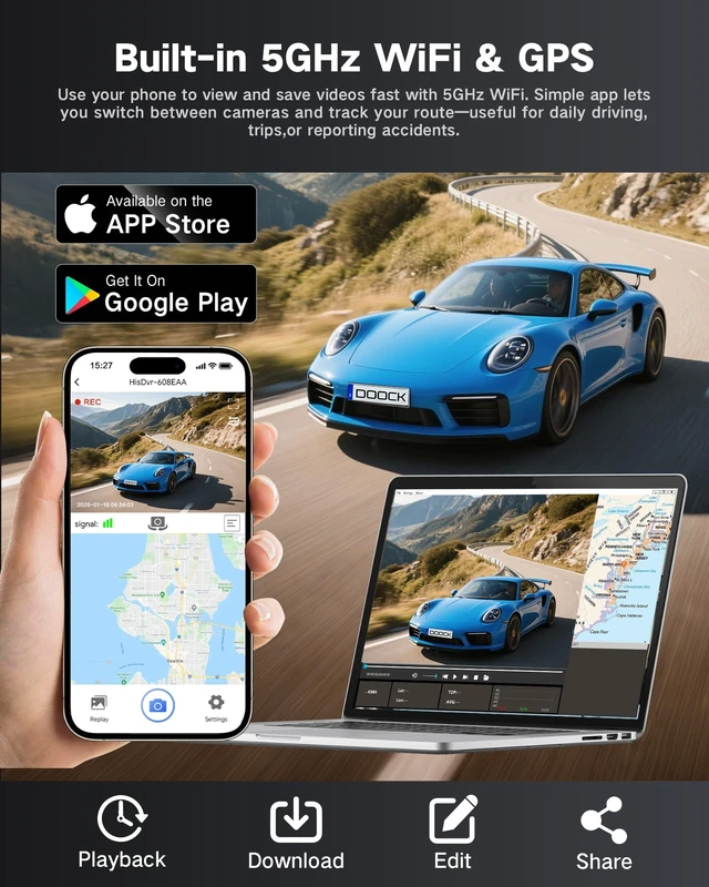 Alt view image 5 of 5 - 4K Dash Cam Front and Rear Inside with 64GB Card, 3 Channel Dash Camera for Cars, 1080P Triple Dash Cam Built-in GPS, 5GHz WiFi, Night Vision, Parking Mode