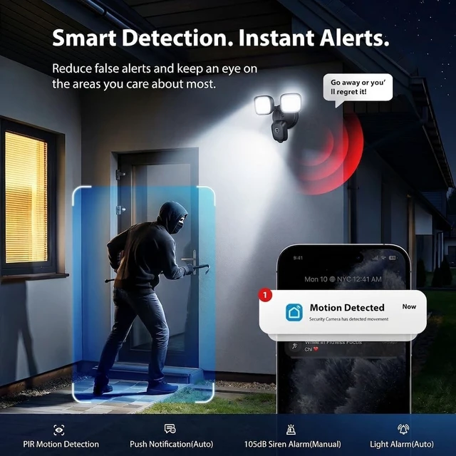 Alt view image 5 of 5 - Meloght 2K Hardwired Flood Light Camera, 3500LM Dual-Head Outdoor Security Camera with Color Night Vision, 5G/2.4G WiFi, PIR Motion Detection, Siren, 2-Way Audio, IP65, Compatible with Alexa, Black