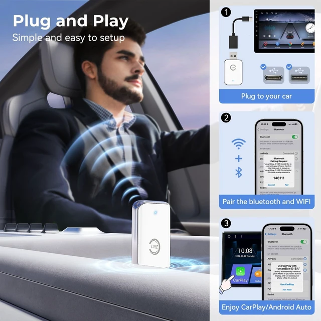 Alt view image 2 of 5 - CZOCPOS Wireless Carplay Adapter for iPhone, 2 in 1 Plug and Play Mini CarPlay and Android Auto Adapter for iOS 10 Android 11 and Above, Convert Wired Car Play to Wireless (Pure White)