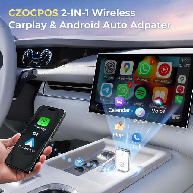 Alt view image 3 of 5 - CZOCPOS Wireless Carplay Adapter for iPhone, 2 in 1 Plug and Play Mini CarPlay and Android Auto Adapter for iOS 10 Android 11 and Above, Convert Wired Car Play to Wireless (Pure White)