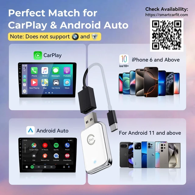 Alt view image 5 of 5 - CZOCPOS Wireless Carplay Adapter for iPhone, 2 in 1 Plug and Play Mini CarPlay and Android Auto Adapter for iOS 10 Android 11 and Above, Convert Wired Car Play to Wireless (Pure White)