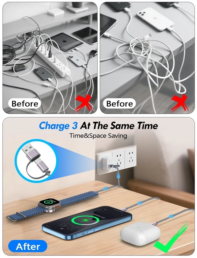 Alt view image 4 of 5 - 2Pack Travel Essentials for Apple Watch Charger,3-in-2 Multi Charging Cable