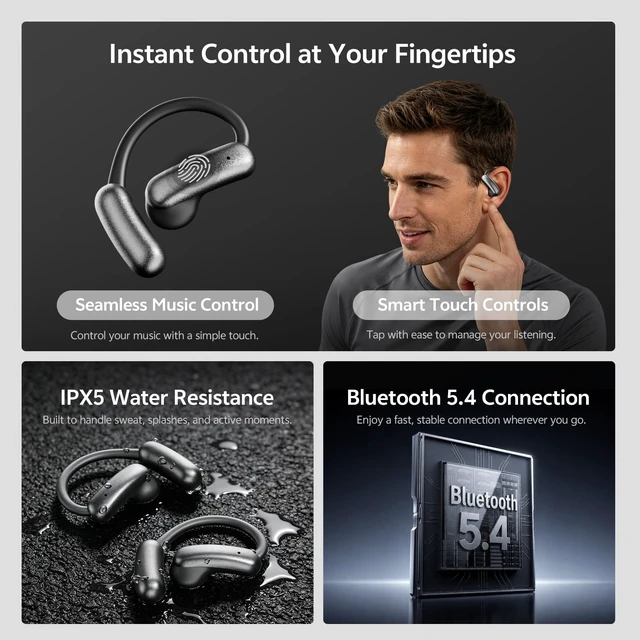 Alt view image 4 of 5 - OceanSounds Open Ear Headphones, Bluetooth 5.4 Wireless Earbuds with Mic, Lightweight Ear Hook Sports Headphones, LED Display Charging Case, IPX5 Waterproof for Running, Workout, Gym, Cycling (