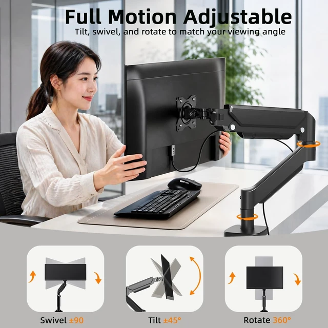 Alt view image 5 of 5 - Heavy Duty Single Monitor Arm Desk Mount Gas Spring for 17-32 Inch Screens
