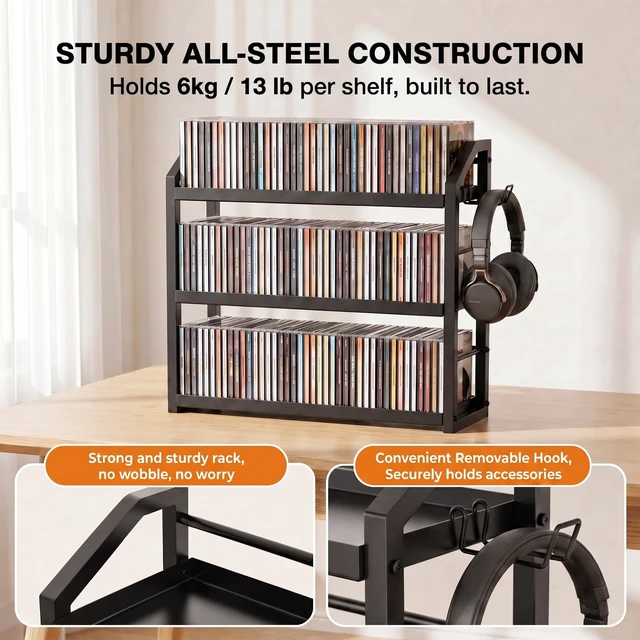 Alt view image 3 of 5 - 3-Tier CD Holder, Sturdy Steel CD Storage Rack for Display, Holds 125 CDs