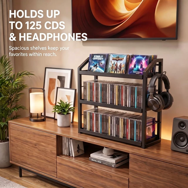 Alt view image 2 of 5 - 3-Tier CD Holder, Sturdy Steel CD Storage Rack for Display, Holds 125 CDs