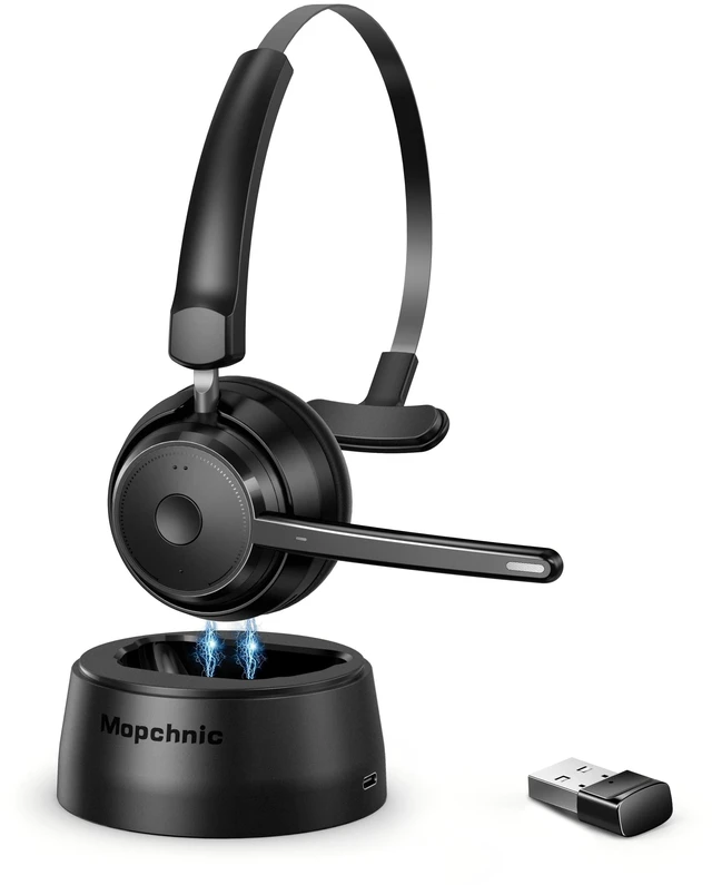 Main image of Mopchnic Bluetooth Headset, Wireless Headphone with AI Noise-Canceling Microphone On Ear Wireless Headset with USB Dongle(Black)
