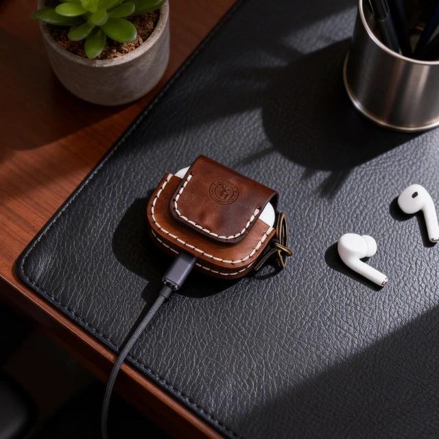 Alt view image 3 of 5 - Leather Earbuds Case Protective Cover Keychain Snap Button Anti Scratch