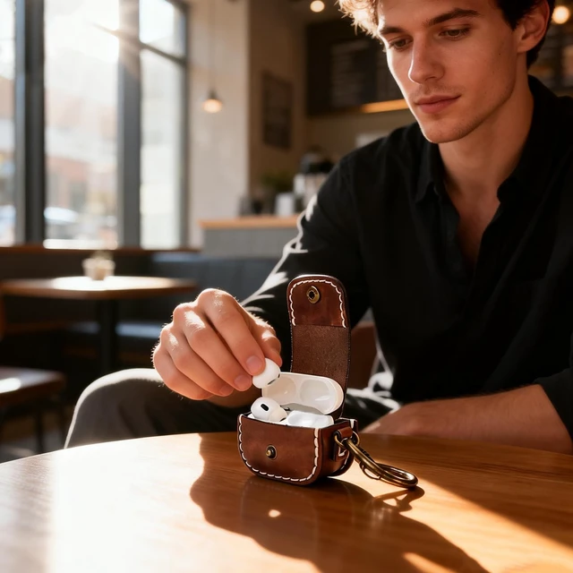 Alt view image 4 of 5 - Leather Earbuds Case Protective Cover Keychain Snap Button Anti Scratch