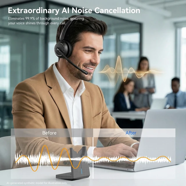 Alt view image 2 of 5 - Wireless Headset with Mic for Clear Work Calls, Bluetooth 5.2 Headset with Noise Cancelling Microphone & Mute Button, 40H Talk Time for Zoom Teams, Home Office, PC Mac Laptop Phone (Glossy Blac