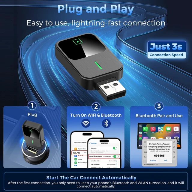 Alt view image 3 of 5 - Boiipinn 2-in-1 Wireless CarPlay & Android Auto Adapter, Plug & Play