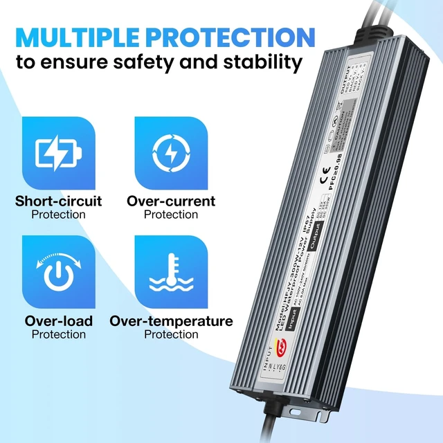 Alt view image 2 of 7 - LED Driver 300W Waterproof Power Supply IP67 Transformer, Adapter Converter AC 100V-265V AC to 12V DC 25A Low Voltage Output with 3-Prong Plug for LED Light, Computer Project, Outdoor Use