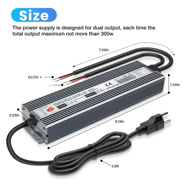 Alt view image 4 of 7 - LED Driver 300W Waterproof Power Supply IP67 Transformer, Adapter Converter AC 100V-265V AC to 12V DC 25A Low Voltage Output with 3-Prong Plug for LED Light, Computer Project, Outdoor Use