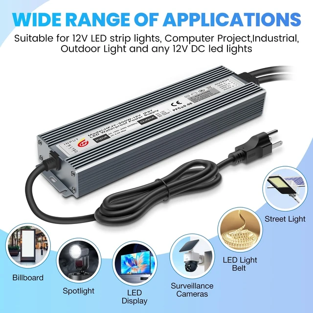 Alt view image 5 of 7 - LED Driver 300W Waterproof Power Supply IP67 Transformer, Adapter Converter AC 100V-265V AC to 12V DC 25A Low Voltage Output with 3-Prong Plug for LED Light, Computer Project, Outdoor Use