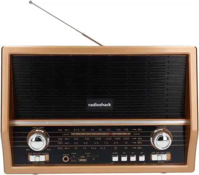 RadioShack Retro AM/FM/SW Radio with Bluetooth, Rechargeable Battery, USB and microSD Playback, Built-in MP3 Player, Dual Speakers, Model 4001800