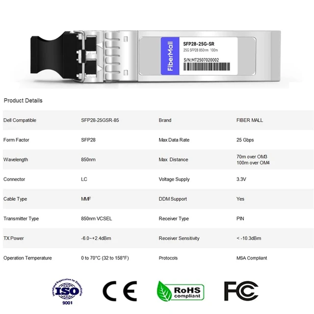 Alt view image 2 of 4 - 25G SFP28 SFP+ SR Optical Transceiver Module,Compatible withDell SFP28-25G-SR Dell Force10 407-BBWK,10/25GBASE-SR SFP28 850nm 100m DOM LC MMF 4Pack