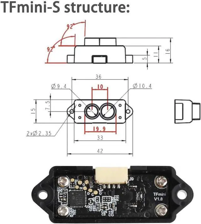 Alt view image 5 of 6 - Benewake TFmini-S Lidar Sensor Range Finder Module 5V UART I2C 0.1m-12m