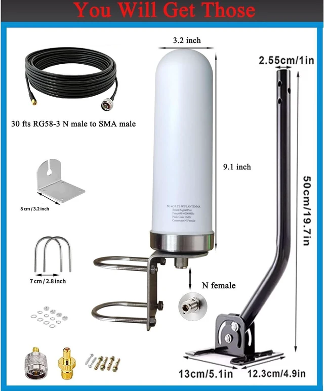 Alt view image 2 of 5 - 5G 4G LTE Antennas Outdoor Omni Directional Cellular 5G WiFi Antenna Long Range SMA N Male ts9 Antenna 4G LTE External Wide Band 698-6000MHz 10dBi with Cable Pole (Full Kit)